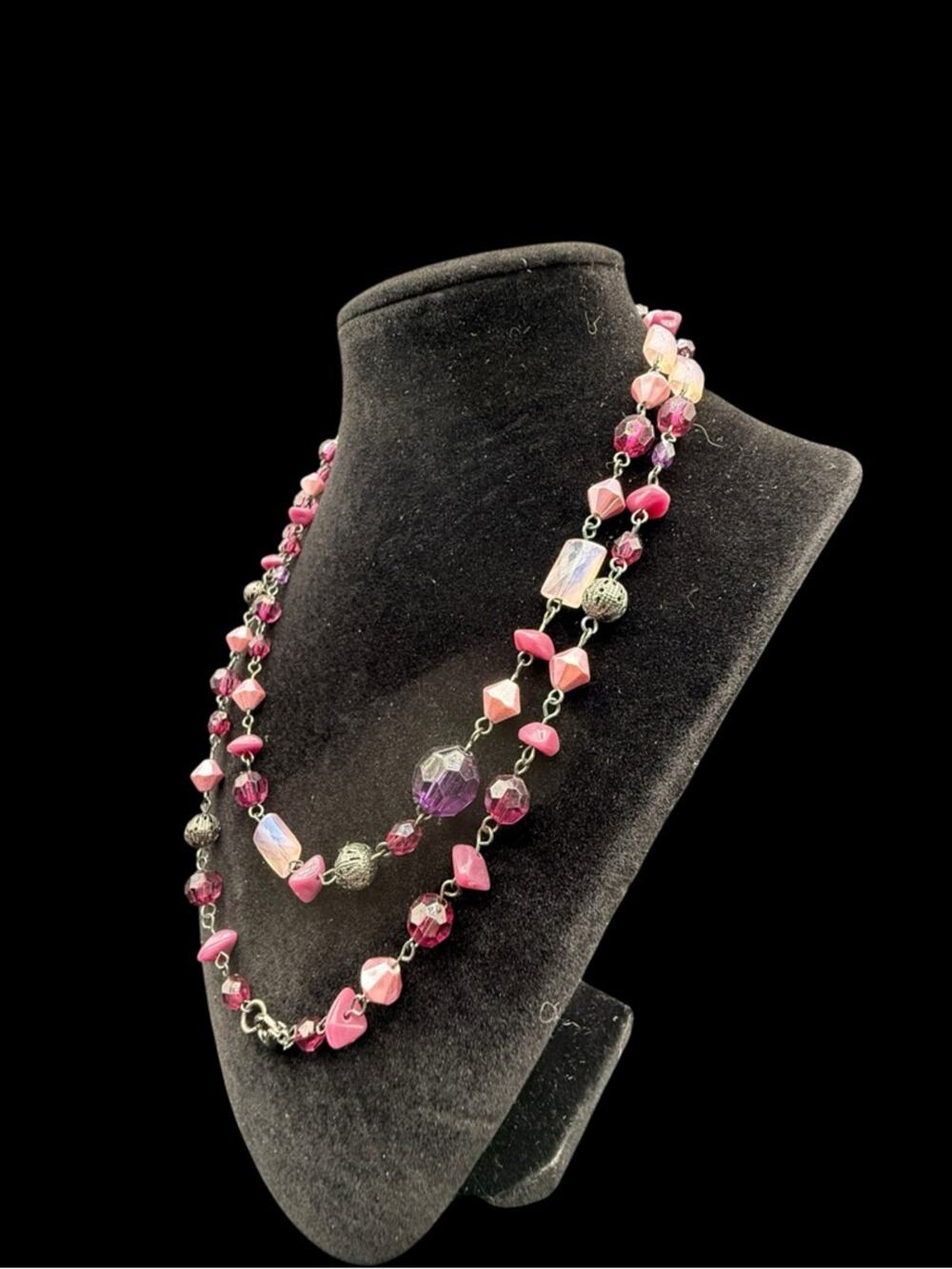 Pink Purple Gold Multi-Bead Opera Length Necklace